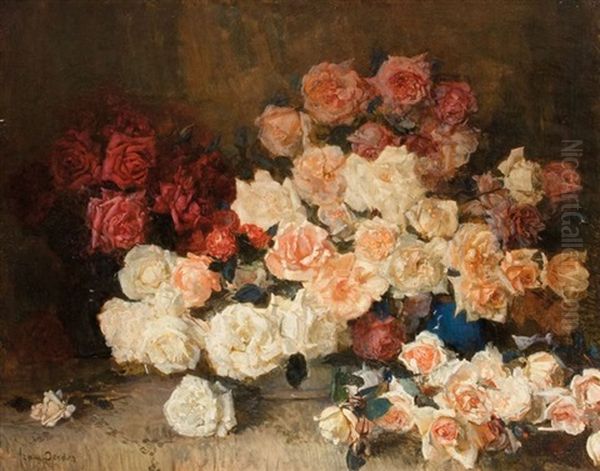 A Still Life With Roses In A Blue Vase Oil Painting by Frans David Oerder