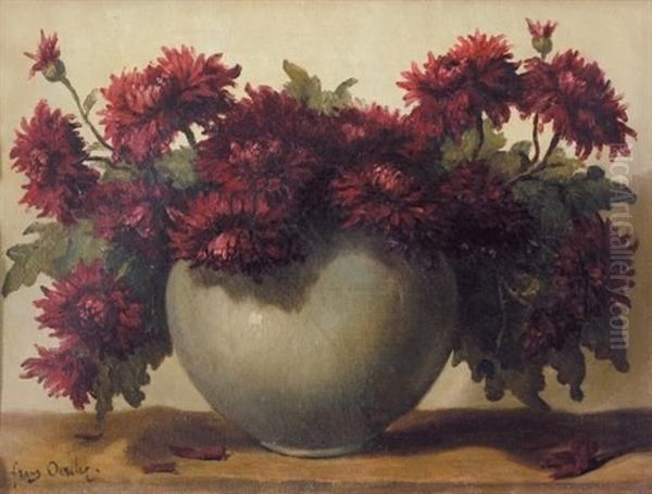 Chrysanthemums In An Earthenware Pot Oil Painting by Frans David Oerder