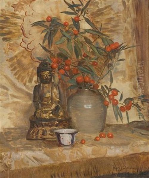 A Still Life With A Buddha And A Bowl Of Fruiting Hawthorn by Frans David Oerder