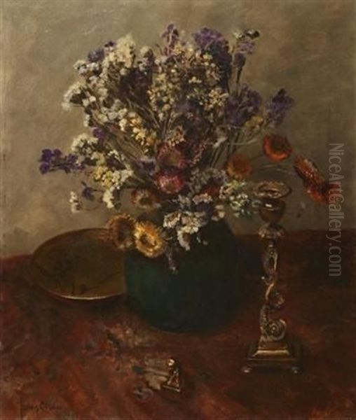 Spring Flowers In A Vase With Brass Ornaments Oil Painting by Frans David Oerder