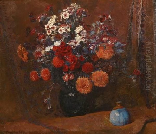 A Still Life Of Flowers In A Blue Vase Oil Painting by Frans David Oerder