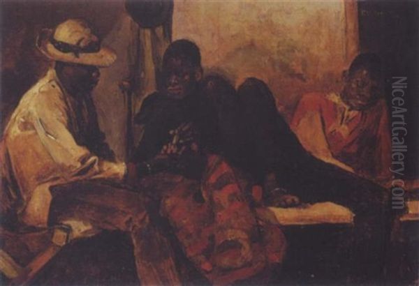 Three Young Men In An Interior Oil Painting by Frans David Oerder