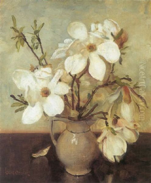 Still Life Of Magnolias In An Earthenware Jar Oil Painting by Frans David Oerder