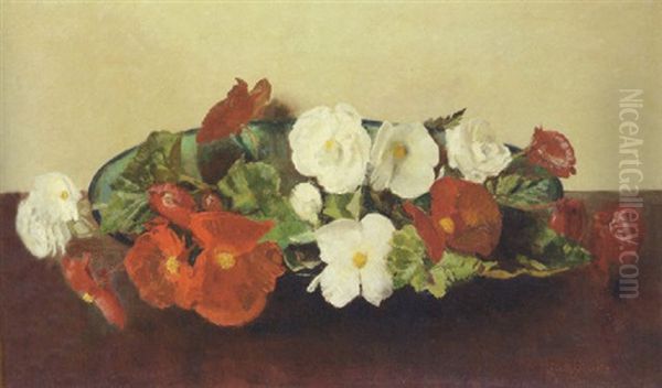 A Dish With Red And White Begonias Oil Painting by Frans David Oerder