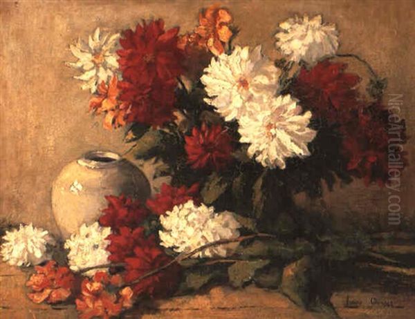 Still Life Of Dahlias And Stone Jar Oil Painting by Frans David Oerder