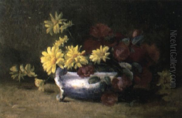 Yellow Chrysanthemums And Red Roses... Oil Painting by Frans David Oerder