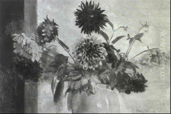 Dahlias In A Green Jar Oil Painting by Frans David Oerder