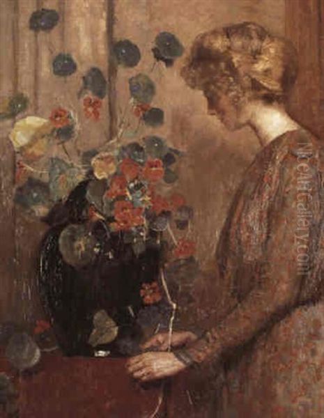 A Woman Arranging Nasturtiums In A Bowl Oil Painting by Frans David Oerder