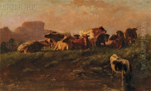 Cows At Rest Oil Painting by Johannes Adam Simon Oertel