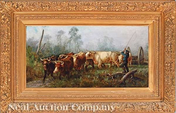 Team Of Oxen Pulling A Logging Cart (florida?) Oil Painting by Johannes Adam Simon Oertel