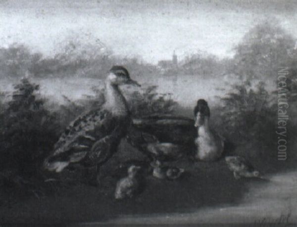 Ducks By A Pond Oil Painting by Wilhelm Oertel