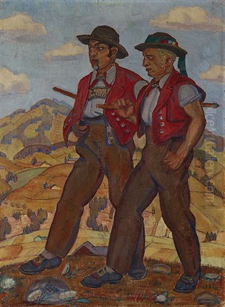 Die Bruder. Zwei Appenzeller In Sennentracht Uber Anhohe Vor Hugellandschaft Schreitend Oil Painting by Albert-Sebastian Oesch