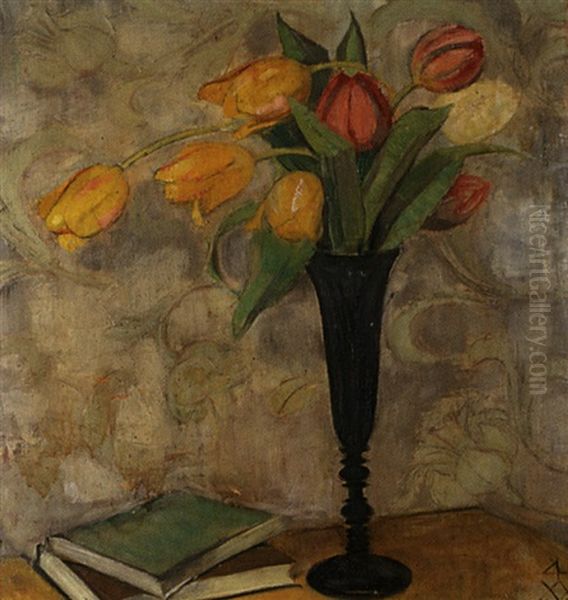 Tulpenstrauss In Schwarzer Vase Oil Painting by Albert-Sebastian Oesch