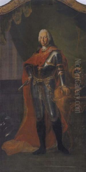 Bildnis Kaiser Franz I. Auf Einem Balkon In Rustung, Rotem Seidenumhang, Mit Dem Orden Vom Goldenen Vlies, Feldherrnstab, Krone Und Szepter Oil Painting by Adam Friedrich Oeser