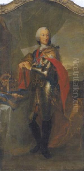 Bildnis Kaiser Karl Vii. Albrecht Kurfurst Von Bayern Auf Einem Balkon In Rustung Und Seidenumhang Mit Dem Orden Vom Goldenen Vlies, Feldherrnstab, Krone Und Szepter Oil Painting by Adam Friedrich Oeser