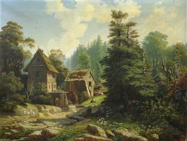 Kleine Muhle Im Grund (sachsische Schweiz) Oil Painting by August Oeser