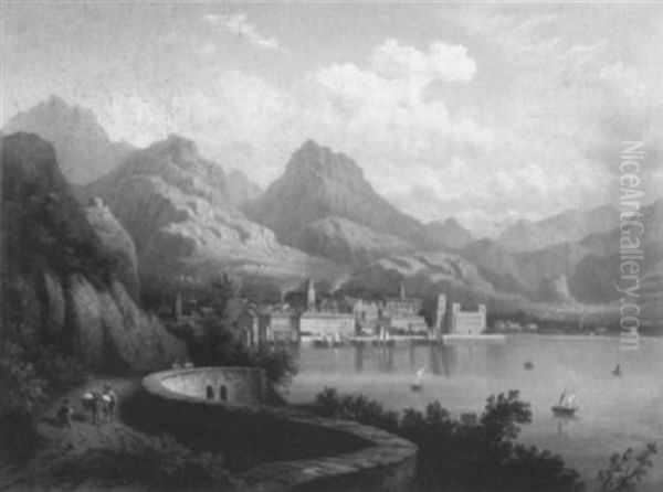 Blick Uber Den Gardasee Auf Das Stadtchen Riva Oil Painting by August Oeser