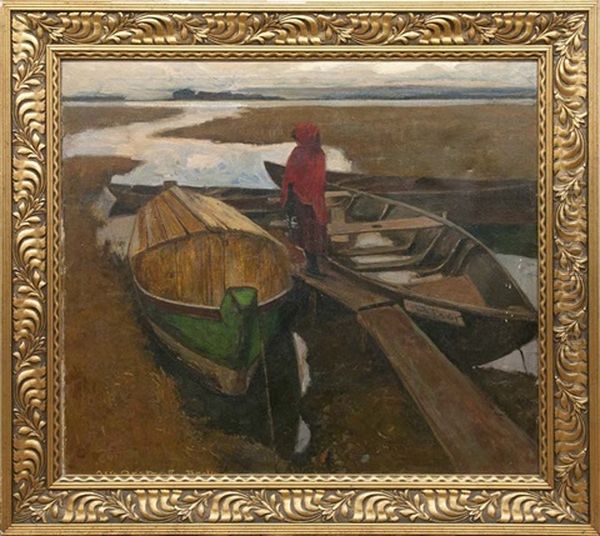 Madchen In Rotem Umhang Am Steg Zwischen Zwei Kahnen Oil Painting by Alfred Oesteritz