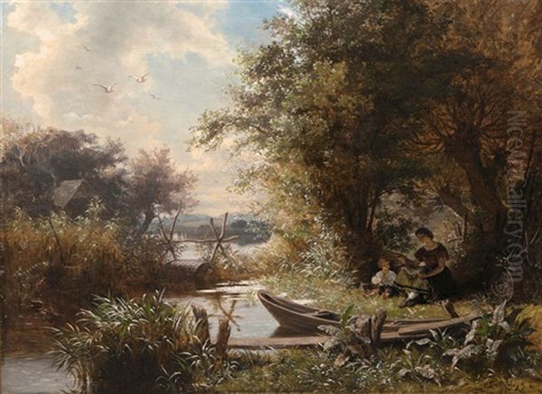 Idyllic Landscape With Fisherwoman And Child Oil Painting by Carl August Heinrich Ferdinand Oesterley