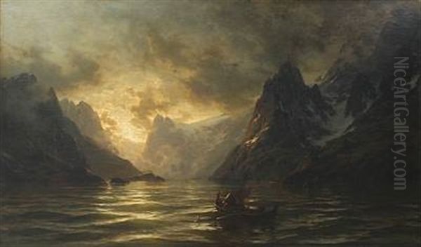 Norwegian Fjord Scene With Fishermen On The Ocean, An Early Overcast Morning Oil Painting by Carl August Heinrich Ferdinand Oesterley