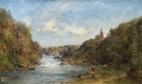 River Landscape Oil Painting by Carl August Heinrich Ferdinand Oesterley