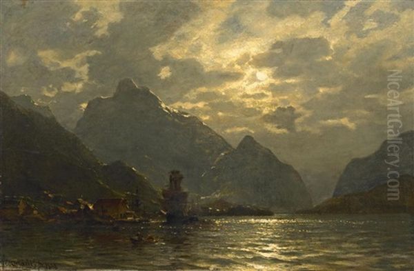 Fjordlandschaft Oil Painting by Carl August Heinrich Ferdinand Oesterley