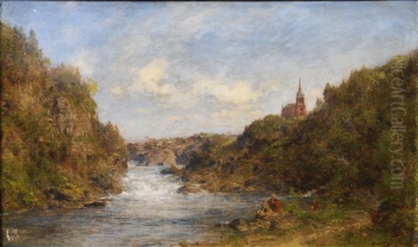 River Landscape Oil Painting by Carl August Heinrich Ferdinand Oesterley