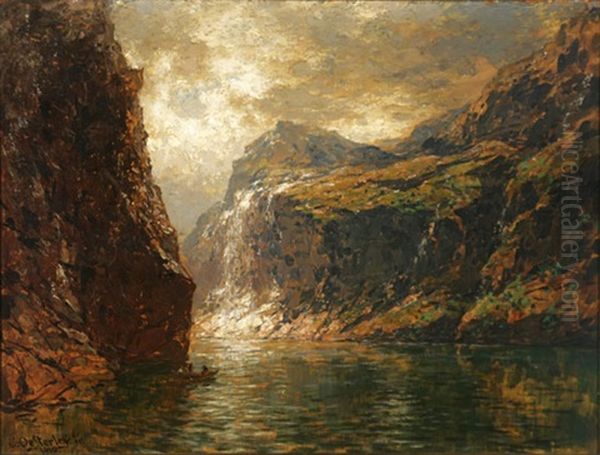 Norwegian Fjord Oil Painting by Carl August Heinrich Ferdinand Oesterley