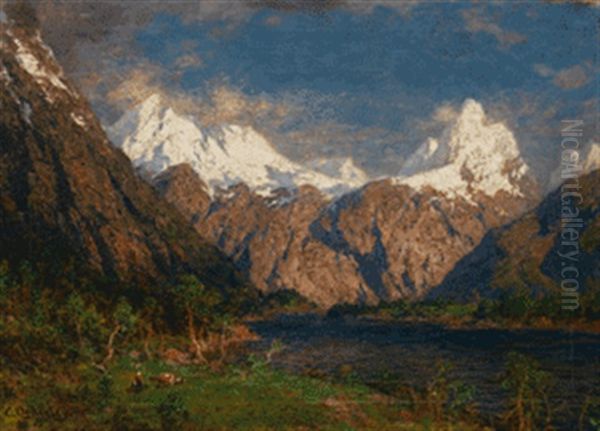 Norwegische Fjordlandschaft Oil Painting by Carl August Heinrich Ferdinand Oesterley