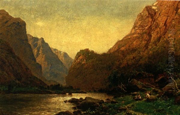 Romantische Flusslandschaft Mit Personenstaffage An Einem Prachtvollen Sommertag Oil Painting by Carl August Heinrich Ferdinand Oesterley