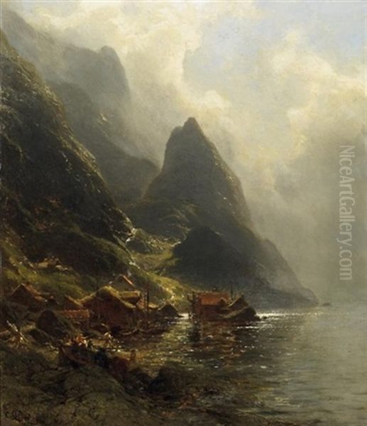 Anlandende Fischerboote In Norwegischem Fjord. Abendlicht Oil Painting by Carl August Heinrich Ferdinand Oesterley