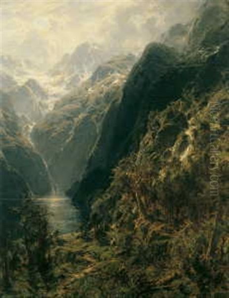 Blick Auf Den Gosausee. Im Hintergrund Der Dachsteingletscher Oil Painting by Carl August Heinrich Ferdinand Oesterley