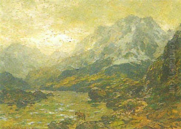 Norwegische Fluslandschaft Mit Reiter Oil Painting by Carl August Heinrich Ferdinand Oesterley