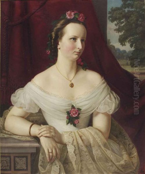 Portrait Of Juliane Grafin Von Brockdorff (1842-1866), Half-length, Wearing A White Lace Dress With Red Roses Oil Painting by Karl Wilhelm Friedrich Oesterley