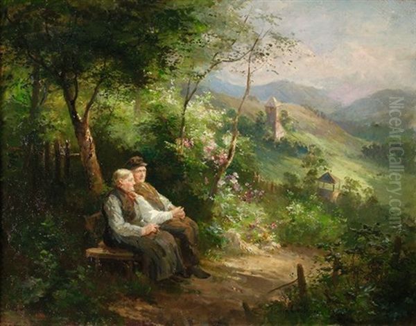 Rast Am Wegrand. Blick In Eine Weite Landschaft Mit Einem Rastenden Paar Auf Einer Bank Oil Painting by Marie Oesterley