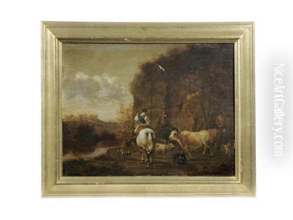 A Drover With Her Herd In A Landscape Oil Painting by Hendrick ten Oever