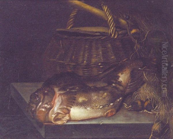 A Cod By A Creel And Fishing Nets On A Stone Table Oil Painting by Hendrick ten Oever