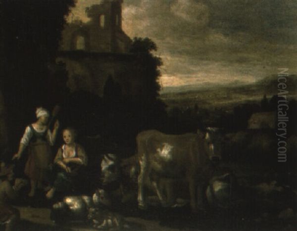 Peasants With Cattle And Sheep In A Landscape With A Ruined Church Oil Painting by Hendrick ten Oever