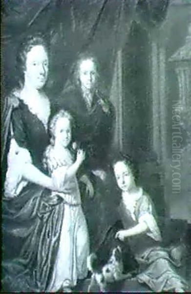 Portrait Of A Seated Lady And Her Children Before A Red     Drape And Classical Statuary Oil Painting by Hendrick ten Oever