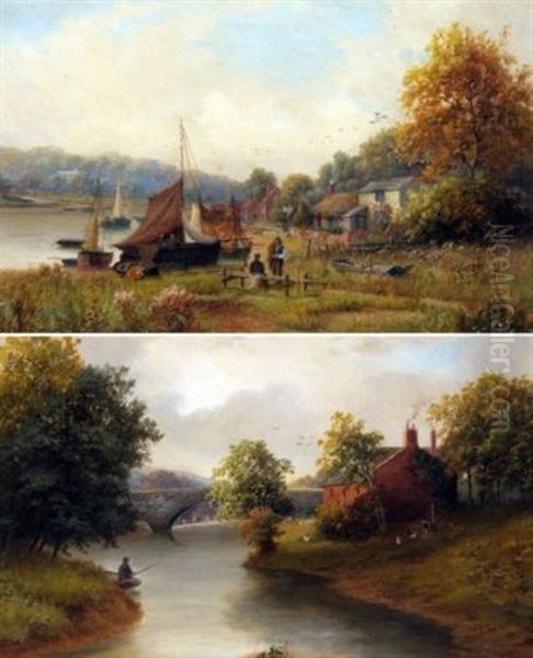 River Landscapes With Fishermen, Boats And Cottages (pair) Oil Painting by Frank Rawlings Offer