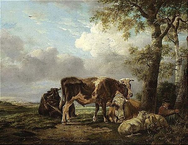 A Shepherd Boy And His Cattle Resting Beside A Tree Oil Painting by Anthony Jacobus Offermans