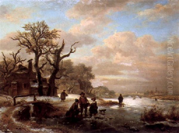 Figures On A Frozen River Oil Painting by Anthony Jacobus Offermans