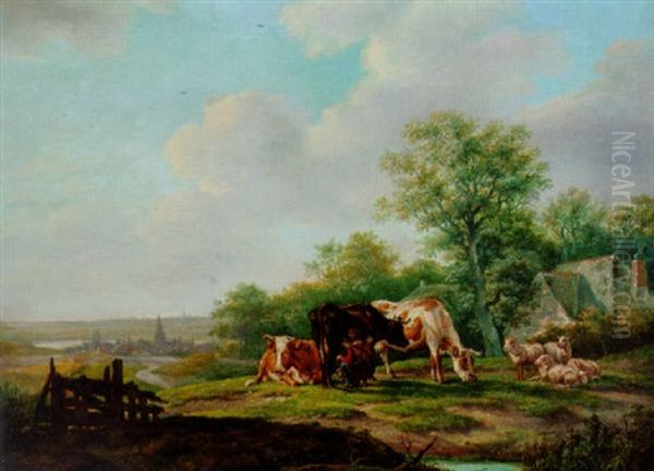 Cattle And Sheep In A Farm Landscape With A Village Beyond Oil Painting by Anthony Jacobus Offermans