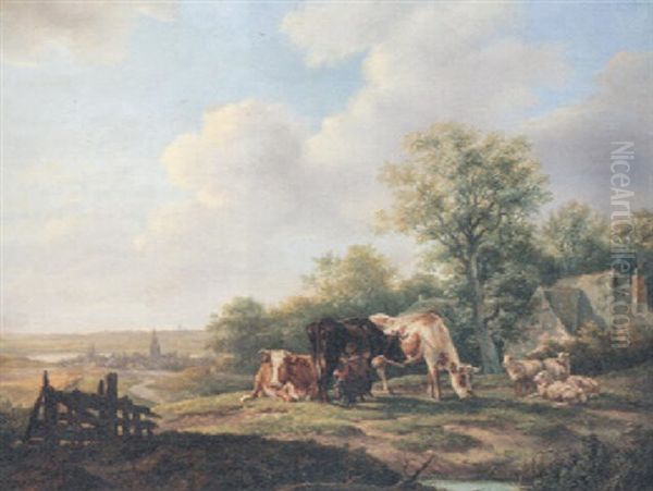 Cattle And Sheep In A Farm Landscape With A Village Beyond Oil Painting by Anthony Jacobus Offermans