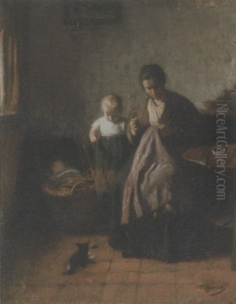 Interior With Mother And Her Children Oil Painting by Tony Lodewijk George Offermans