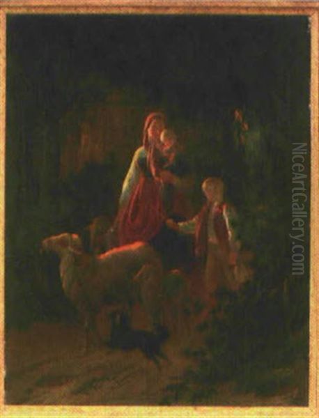 Junge Hirtin Mit Ihren Kindern Und Schafen Auf Dem Waldweg Oil Painting by Karl Offterdinger