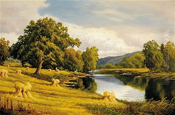 Haystacks In Landscape Oil Painting by Frederick D. Ogden