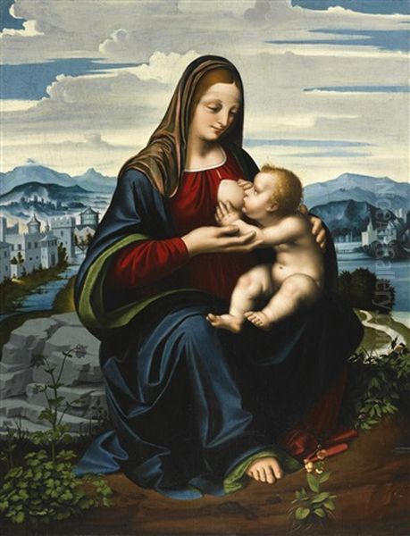 Madonna And Child Before A Landscape Oil Painting by Marco d' Oggiono