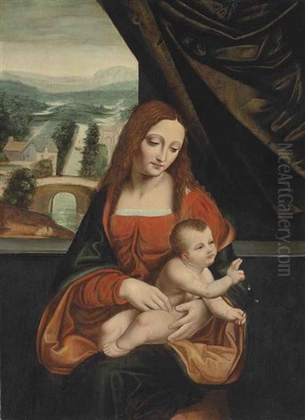 Madonna And Child Before A Draped Curtain, A Landscape Beyond Oil Painting by Marco d' Oggiono