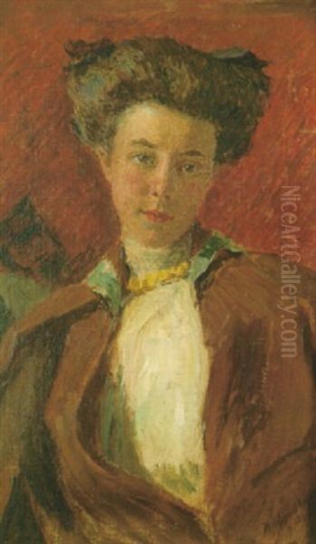 A Portrait Of A Woman In A White Blouse And Green-lined Brown Cape Oil Painting by Harriet Osborne O'Hagen